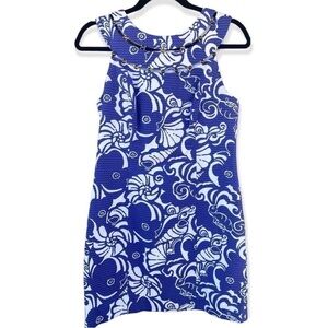 Lilly Pulitzer Lindy Blue Tide Pools Beaded Neck Shift Midi Dress Sz 2
